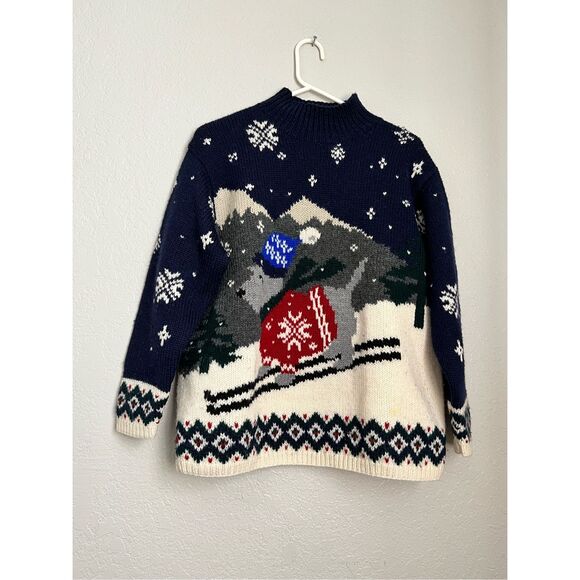 Lauren Ralph Lauren Wool Swiss Mountain Dog Skiing Festive Mock Neck Sweater M P